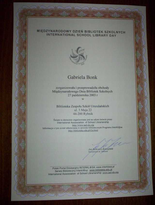 Certyfikat udziau naszej biblioteki  w obchodach SDBSzk 